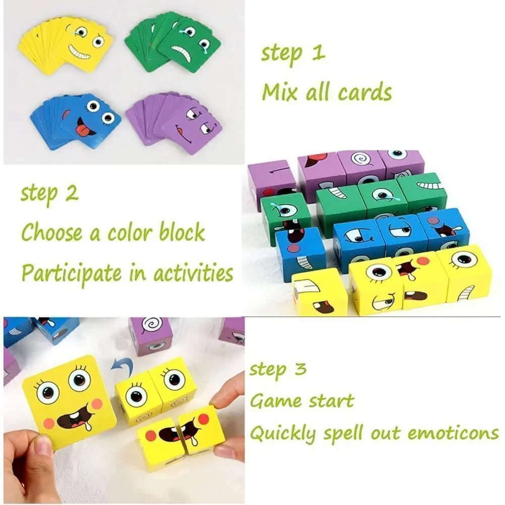 Face Change Cube Game, Wooden Expressions Matching Block Puzzles Building Cubes